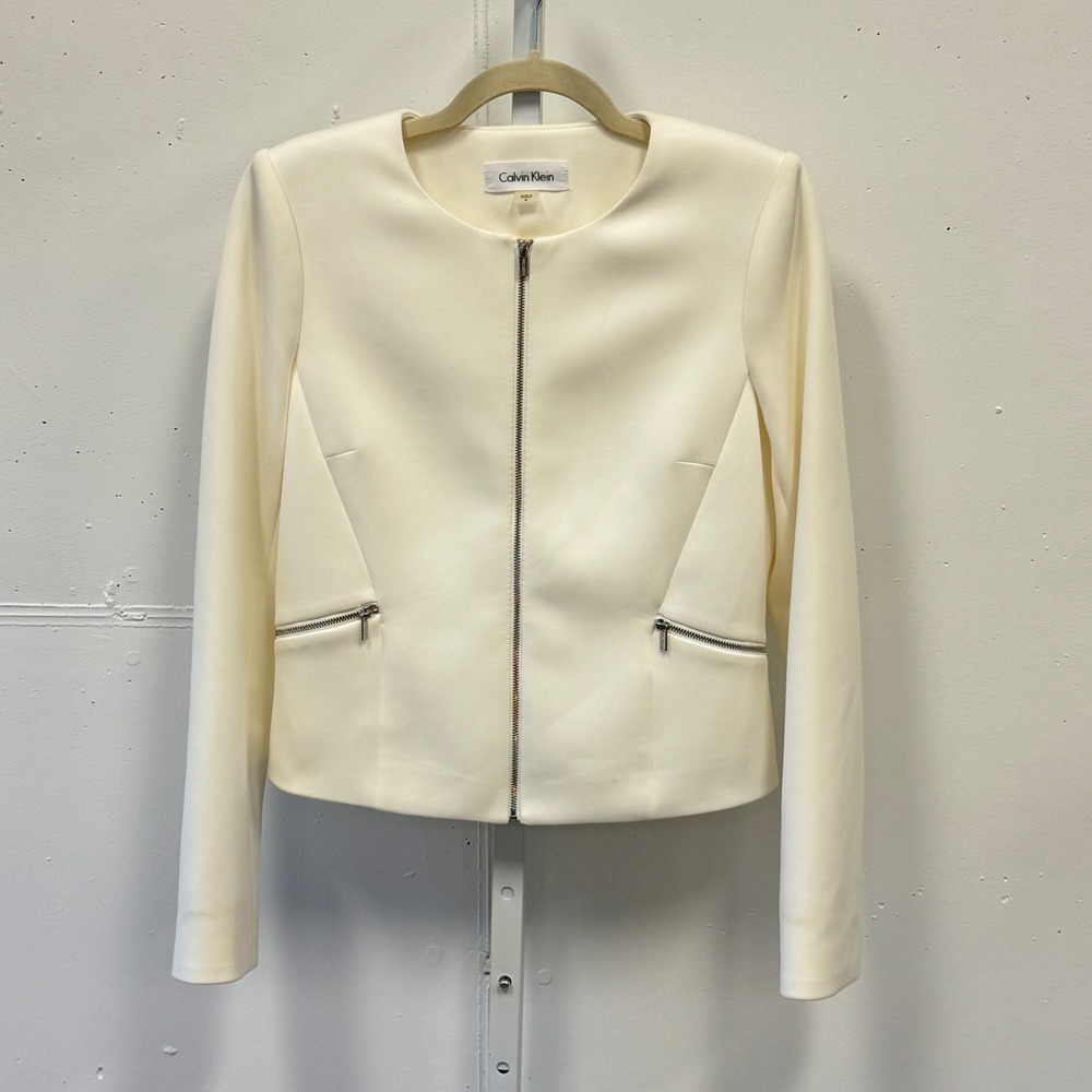 Calvin Klein Off White Ivory Zip Front Collarless Blazer Jacket Size 8 Summer - Picture 1 of 10